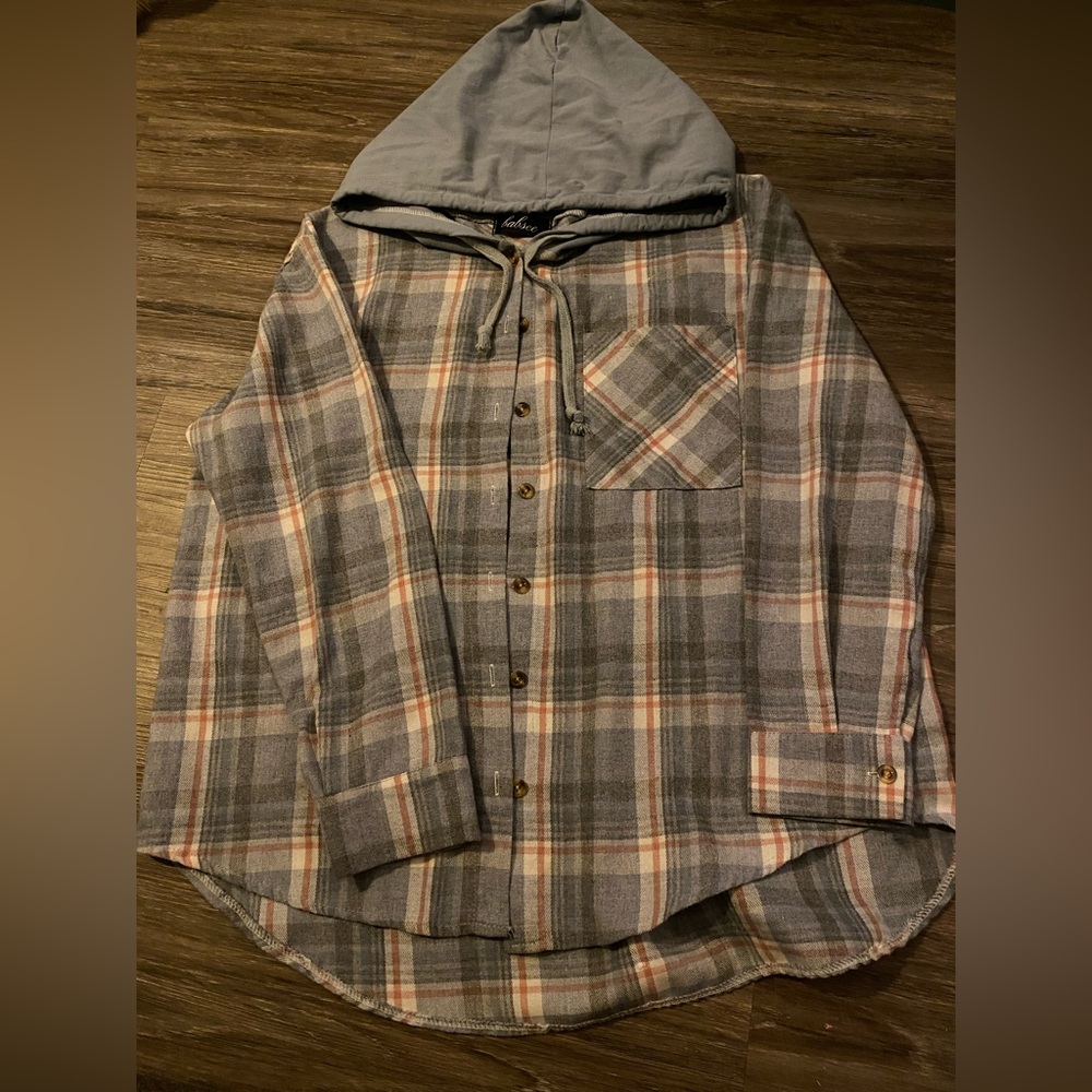 Womens Gray and Blue Plaid Hooded Casual Shirt